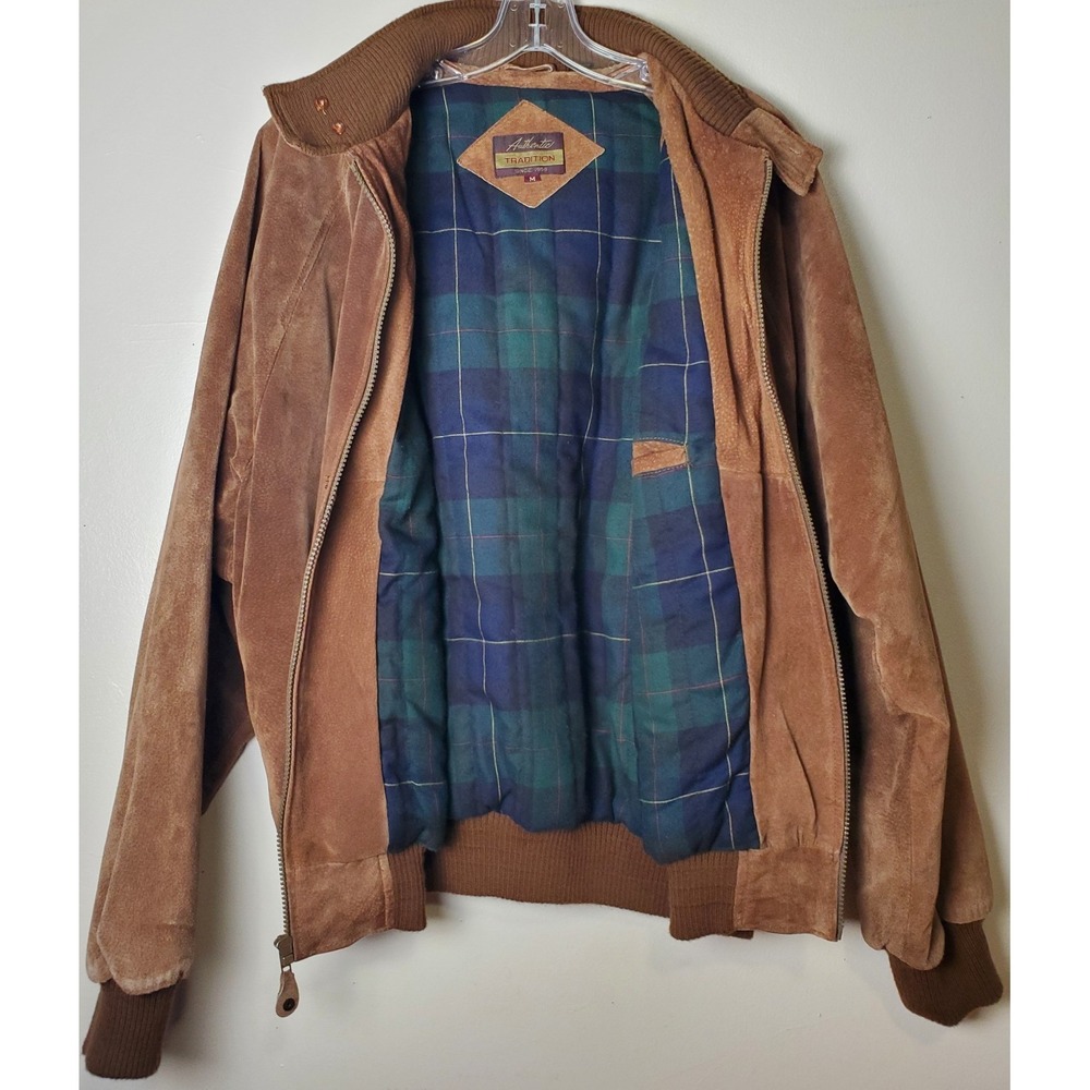 Vintage Brown Suede Leather Bomber Jacket Y2K Men's Medium‎ Plaid Flannel Lining